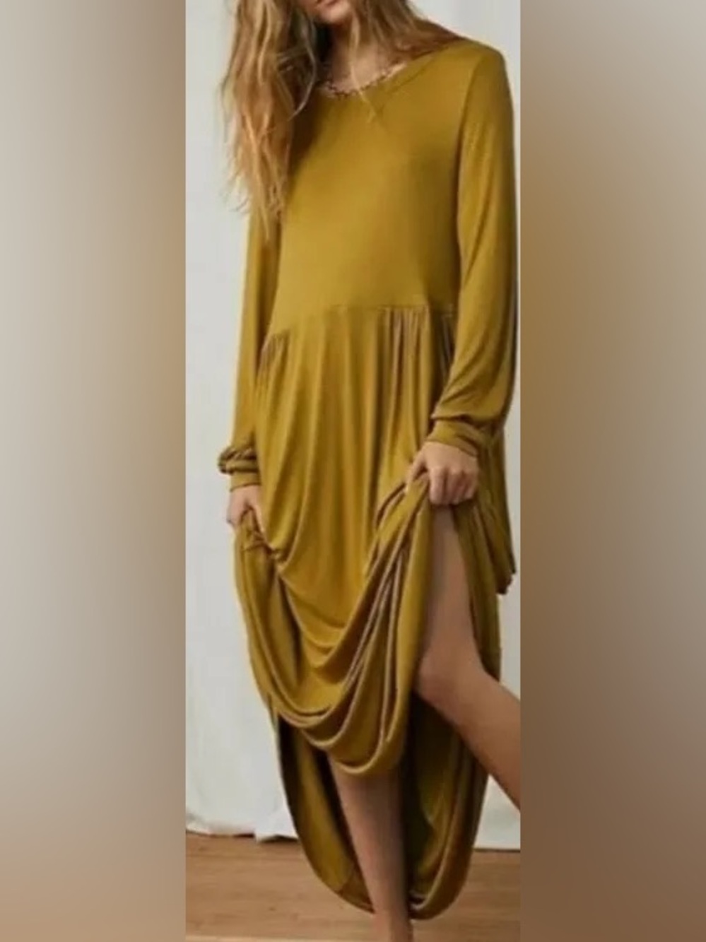 Free People Beach Gold Mustard Long Sleeve Maxi Dress - Casual Draped Hem